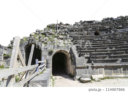 West Theatre of Umm Qais (Umm Qays)--is a town in northern Jordan near the site of the ancient town of Gadara, Jordan. On white background West Theatre of Umm Qais (Umm Qays)--is a town in northern Jordan near the site of the ancient town of Gadara, Jordan. On white background 114907866