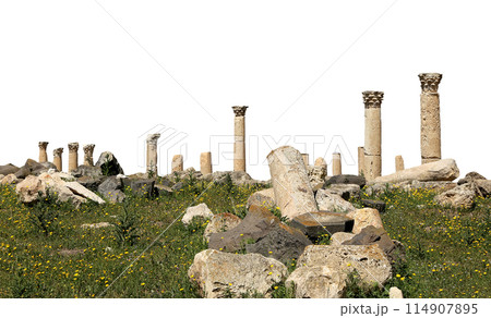 Roman ruins at Umm Qais (Umm Qays)--is a town in northern Jordan near the site of the ancient town of Gadara, Jordan. On white background Roman ruins at Umm Qais (Umm Qays)--is a town in northern Jordan near the site of the ancient town of Gadara, Jordan. On white background 114907895