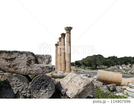 Roman ruins at Umm Qais (Umm Qays)--is a town in northern Jordan near the site of the ancient town of Gadara, Jordan. On white background Roman ruins at Umm Qais (Umm Qays)--is a town in northern Jordan near the site of the ancient town of Gadara, Jordan. On white background 114907896