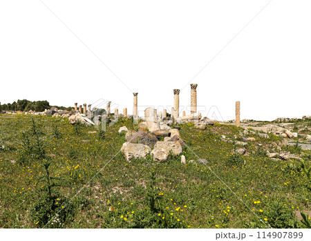 Roman ruins at Umm Qais (Umm Qays)--is a town in northern Jordan near the site of the ancient town of Gadara, Jordan. On white background 114907899
