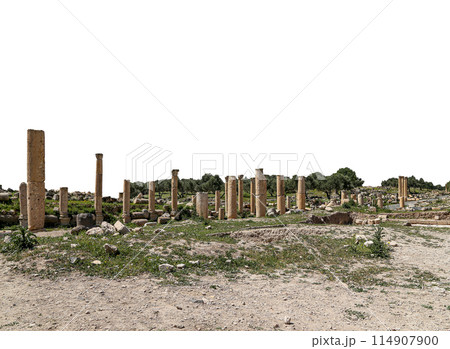 Roman ruins at Umm Qais (Umm Qays)--is a town in northern Jordan near the site of the ancient town of Gadara, Jordan. On white background 114907900