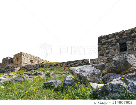 Roman ruins at Umm Qais (Umm Qays)--is a town in northern Jordan near the site of the ancient town of Gadara, Jordan. On white background Roman ruins at Umm Qais (Umm Qays)--is a town in northern Jordan near the site of the ancient town of Gadara, Jordan. On white background 114907902