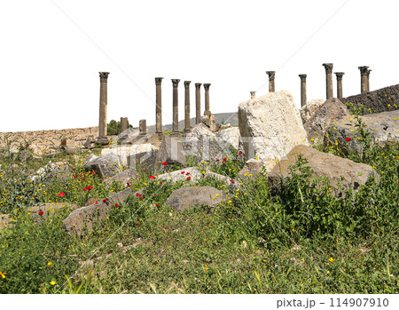 Roman ruins at Umm Qais (Umm Qays)--is a town in northern Jordan near the site of the ancient town of Gadara, Jordan. On white background 114907910