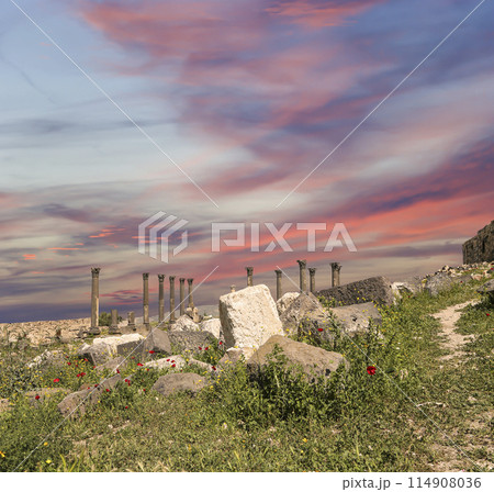 Roman ruins at Umm Qais (Umm Qays)--is a town in northern Jordan near the site of the ancient town of Gadara, Jordan. Against the background of a beautiful sky with clouds Roman ruins at Umm Qais (Umm Qays)--is a town in northern Jordan near the site of the ancient town of Gadara, Jordan. Against the background of a beautiful sky with clouds 114908036