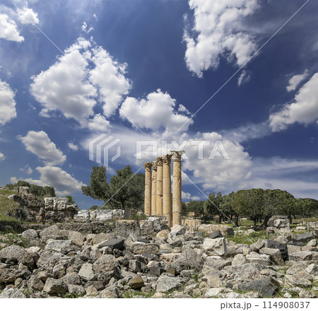 Roman ruins at Umm Qais (Umm Qays)--is a town in northern Jordan near the site of the ancient town of Gadara, Jordan. Against the background of a beautiful sky with clouds Roman ruins at Umm Qais (Umm Qays)--is a town in northern Jordan near the site of the ancient town of Gadara, Jordan. Against the background of a beautiful sky with clouds 114908037