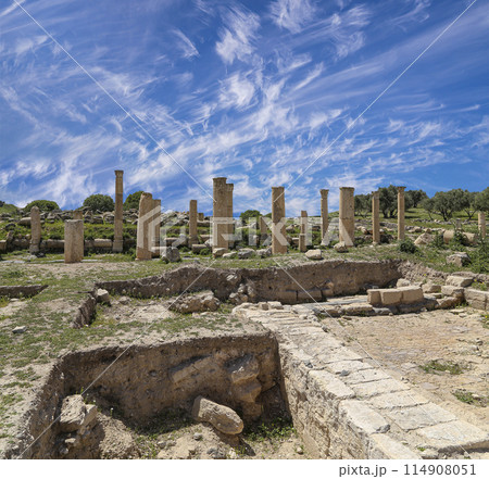 Roman ruins at Umm Qais (Umm Qays)--is a town in northern Jordan near the site of the ancient town of Gadara, Jordan. Against the background of a beautiful sky with clouds Roman ruins at Umm Qais (Umm Qays)--is a town in northern Jordan near the site of the ancient town of Gadara, Jordan. Against the background of a beautiful sky with clouds 114908051