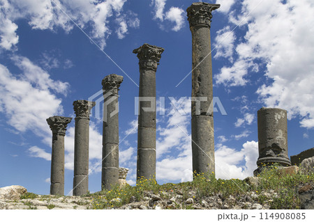 Roman ruins at Umm Qais (Umm Qays)--is a town in northern Jordan near the site of the ancient town of Gadara, Jordan. Against the background of a beautiful sky with clouds Roman ruins at Umm Qais (Umm Qays)--is a town in northern Jordan near the site of the ancient town of Gadara, Jordan. Against the background of a beautiful sky with clouds 114908085