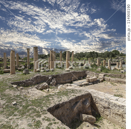 Roman ruins at Umm Qais (Umm Qays)--is a town in northern Jordan near the site of the ancient town of Gadara, Jordan. Against the background of a beautiful sky with clouds Roman ruins at Umm Qais (Umm Qays)--is a town in northern Jordan near the site of the ancient town of Gadara, Jordan. Against the background of a beautiful sky with clouds 114908190