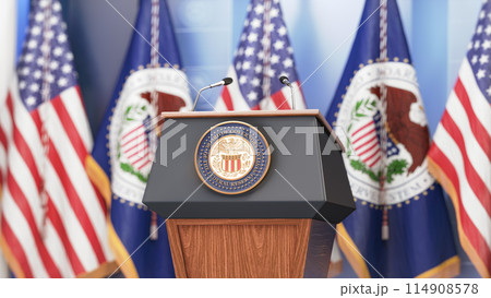 Federal Reserve System Fed of USA chairman press conference concept. Tribune with symbol and flag of FRS and United States. Federal Reserve System Fed of USA chairman press conference concept. Tribune with symbol and flag of FRS and United States. 114908578