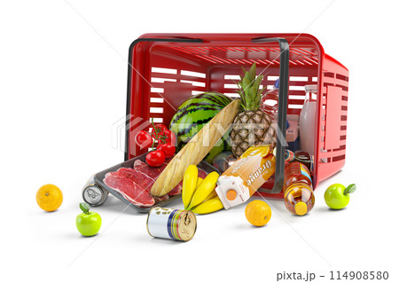 Overturned shopping basket full of variety of grocery products, food and drink isolated on white background. 114908580