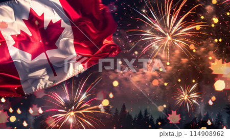 Holiday sky with fireworks and flag of Canada, independence day Holiday sky with fireworks and flag of Canada, independence day 114908962