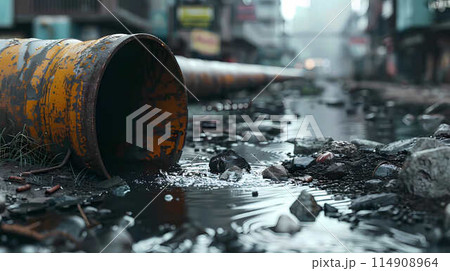 City pollution. Waste dirty sewage water flows from the pipe to the street. City pollution. Waste dirty sewage water flows from the pipe to the street 114908964