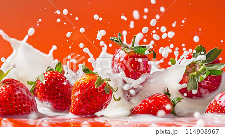 Fresh strawberries splashing into milk with vibrant orange background Fresh strawberries splashing into milk with vibrant orange background 114908967
