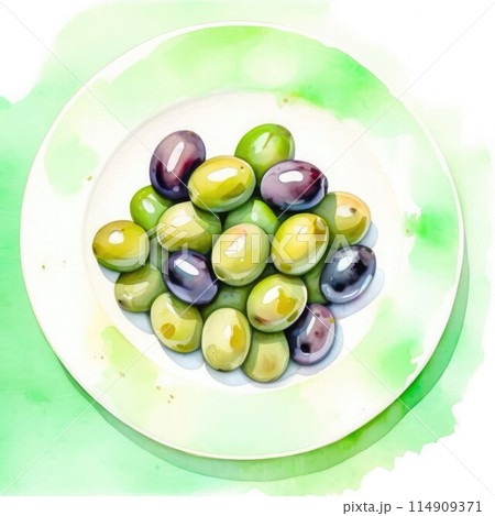Delicate olives arranged on a pristine white plate and boy, watercolor strokes.  114909371
