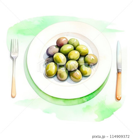 Delicate olives arranged on a pristine white plate and boy, watercolor strokes.  114909372