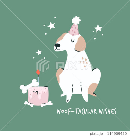 A dog in a holiday hat looking at the Birthday cake. Vector illustration, greeting card for Birthday wishes A dog in a holiday hat looking at the Birthday cake. Vector illustration, greeting card for Birthday wishes 114909430