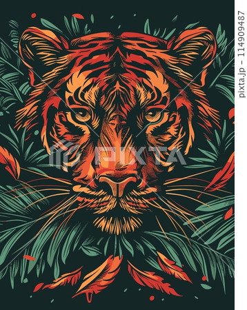 Tiger head with tropical leaves. Vector illustration for t-shirt design. 114909487