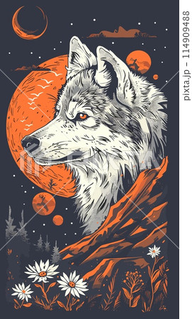 Hand drawn vector illustration of a wolf in front of the full moon. 114909488
