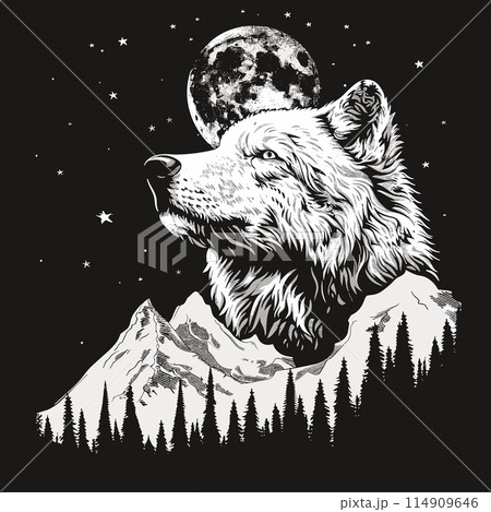 Wolf and moon in the mountains. Vector illustration for t-shirt, poster, print. 114909646