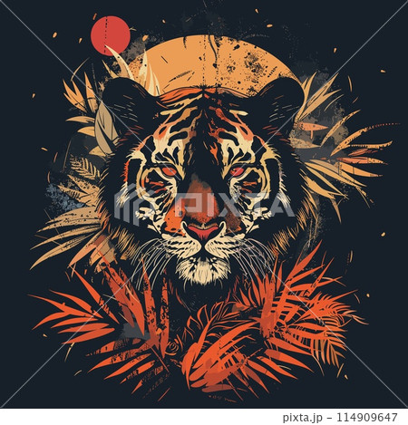 Tiger head with palm leaves and firecracker. Vector illustration. 114909647