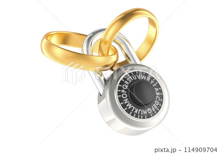 Golden wedding rings with combination padlock. 3D rendering 114909704