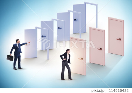 Business people and many doors of opportunities Business people and many doors of opportunities 114910422