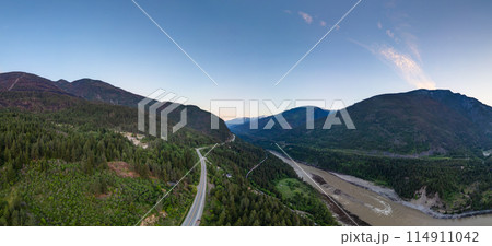 Aerial panorama of Canadian Mountain Landscape in Valley. Sunny Sunset 114911042