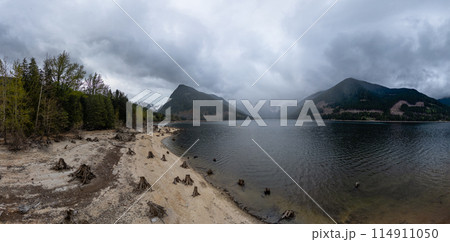 Aerial Canadian Mountain Landscape with lake. Cloudy Rainy Day. 114911050