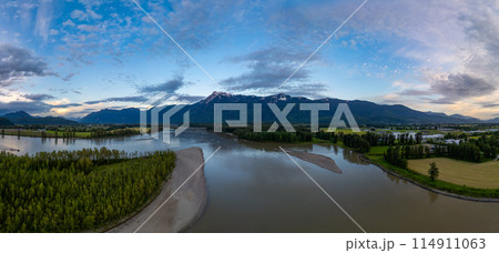Aerial panorama of Canadian Mountain Landscape in Valley. Sunny Sunset Aerial panorama of Canadian Mountain Landscape in Valley. Sunny Sunset 114911063