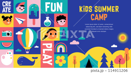 Kids Summer Camp concept design. Geometrical style colorful illustrations, icons. Banner, flyer 114911206