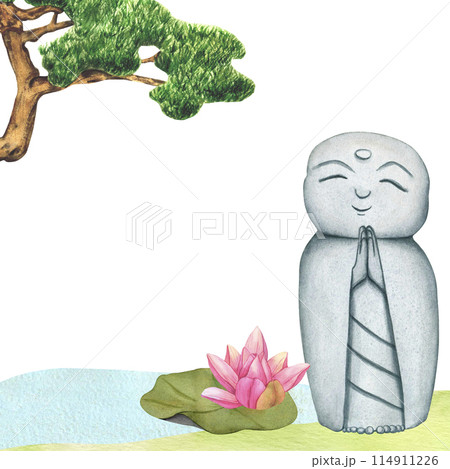 Jizo Bosatsu monk and Buds Pink Lotus from the Japanese Garden. Hand drawn watercolor illustration of Japanese Stone buddha Monk statue. Prayer Statue and tropical Water Lily. Smiling Buddha Figurine Jizo Bosatsu monk and Buds Pink Lotus from the Japanese Garden. Hand drawn watercolor illustration of Japanese Stone buddha Monk statue. Prayer Statue and tropical Water Lily. Smiling Buddha Figurine 114911226