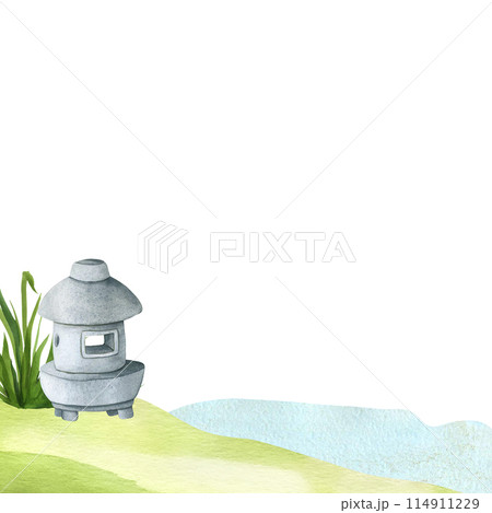 Stone Lantern in the Japanese Garden isolated. Hand drawn Watercolor illustration sculpture with copy space. Japanese stone statue, Landscape design element Stone Lantern in the Japanese Garden isolated. Hand drawn Watercolor illustration sculpture with copy space. Japanese stone statue, Landscape design element 114911229