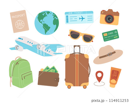 Travel set with passport, globe, air ticket, camera, plane, sunglasses, credit card, backpack, wallet, suitcase, hat, location icon and spf cream. Adventure, tourism, vacation, trip. Vector flat 114911253