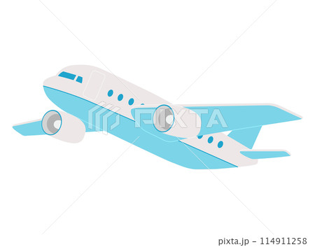 Plane takes off into the sky. Gray-blue flying airplane in a simple style. Travel concept. Vector flat illustration isolated on white background. Plane takes off into the sky. Gray-blue flying airplane in a simple style. Travel concept. Vector flat illustration isolated on white background. 114911258