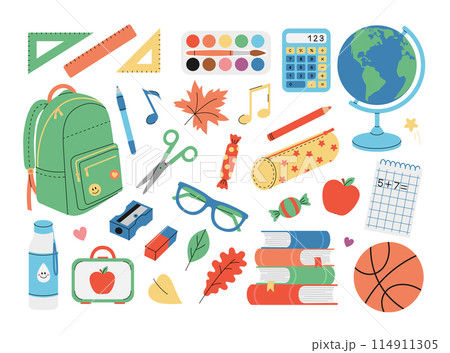 School supplies set. Backpack, globe, books, notebook, calculator, pen, pencil, paints, rulers, scissors etc. Stationery for study. Vector flat illustration isolated on white background School supplies set. Backpack, globe, books, notebook, calculator, pen, pencil, paints, rulers, scissors etc. Stationery for study. Vector flat illustration isolated on white background 114911305