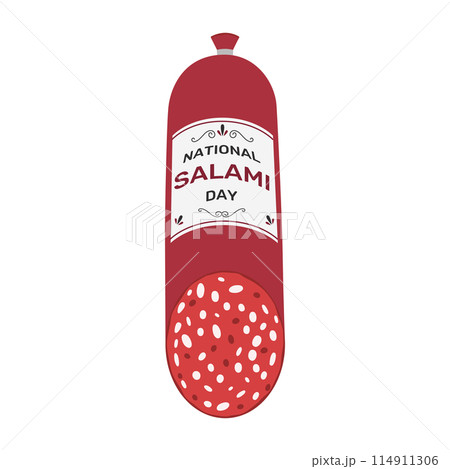 National Salami Day. Sliced salami sausage in a label with holiday name text. Vector flat illustration for banner, poster, greeting card National Salami Day. Sliced salami sausage in a label with holiday name text. Vector flat illustration for banner, poster, greeting card 114911306
