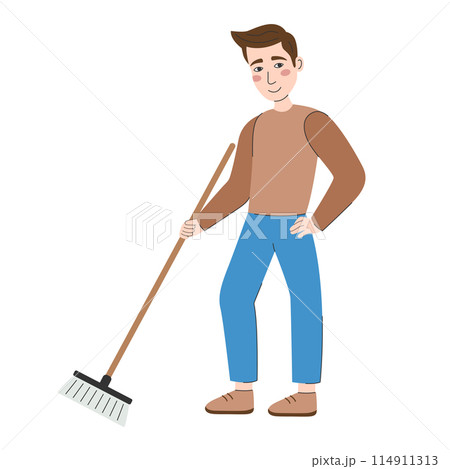 Young man with broom. The guy stands with hand on belt. Sweeping street or floor. Household cleaning, environmental cleanup. Vector flat illustration isolated on white background 114911313
