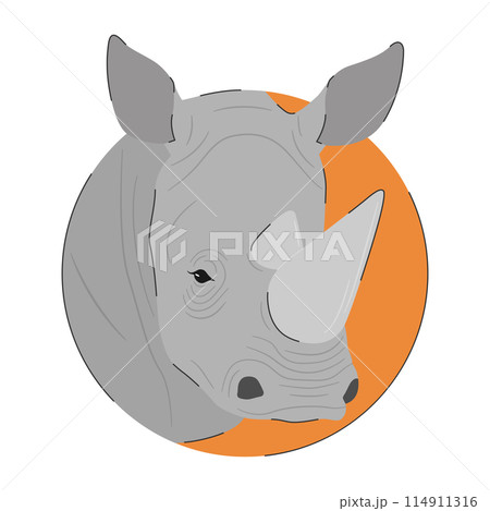 Rhino head portrait in orange circle. Rhinoceros wild animal. Vector flat illustration isolated on white background Rhino head portrait in orange circle. Rhinoceros wild animal. Vector flat illustration isolated on white background 114911316