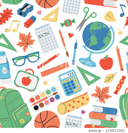 Seamless pattern with school supplies on white background. Backpack, globe, books, notebook, calculator, pen, pencil, paints, rulers, scissors etc. Stationery for study. Vector flat illustration Seamless pattern with school supplies on white background. Backpack, globe, books, notebook, calculator, pen, pencil, paints, rulers, scissors etc. Stationery for study. Vector flat illustration 114911362