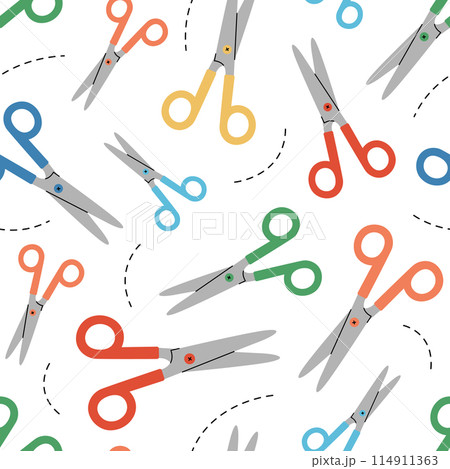 Seamless pattern with colorful scissors and cutting lines on white background. Sewing, hair cutting, stationery tool. Vector flat illustration Seamless pattern with colorful scissors and cutting lines on white background. Sewing, hair cutting, stationery tool. Vector flat illustration 114911363