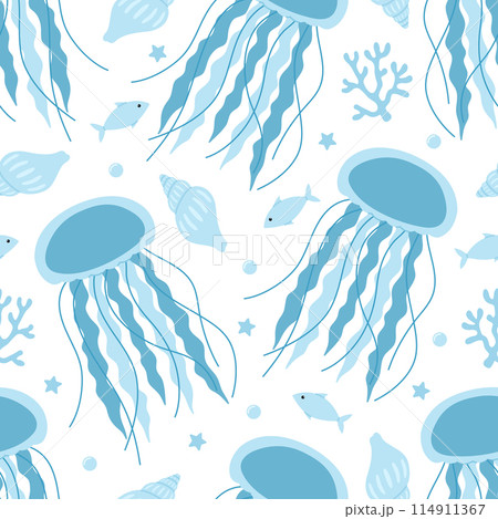 Seamless pattern with cute blue jellyfish, seaweed, shells, fish, starfish and bubbles. Vector flat illustration isolated on white background. Marine print with sea and ocean animals 114911367