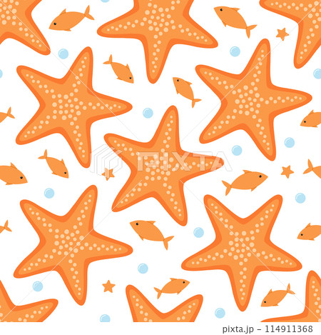 Seamless pattern with cute orange starfish, fish and bubbles. Vector flat illustration isolated on white background. Marine print with sea and ocean animals 114911368