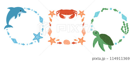 Set of frames with sea animals. Round and square frames wirh dolphin, crab and turtle. Marine collection. Vector flat illustration isolated on white background 114911369