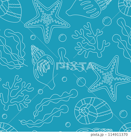 Seamless pattern with starfish, seashells, seaweed and bubbles. Contour white sea elements on a blue background. Underwater life. Vector illustration 114911370