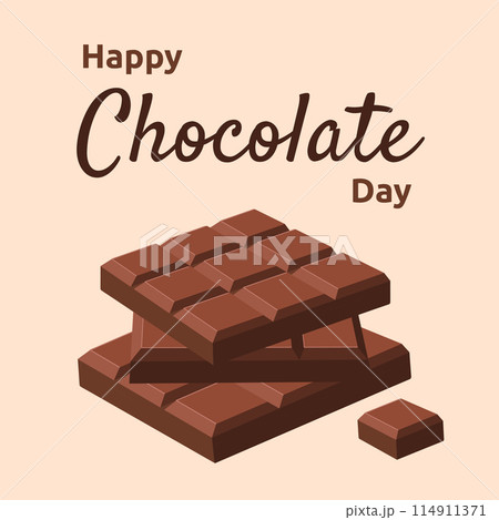 Happy Chocolate Day. Holiday design with chocolate bars stacked on top of each other for social media post, banner, poster, card. Vector flat illustration isolated on blue background 114911371