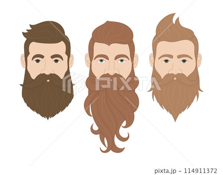 Set of brutal bearded male heads. Men with fashion haircuts and beard and mustache style. Hipster man. Barbershop concept. Vector illustration isolated on white background 114911372