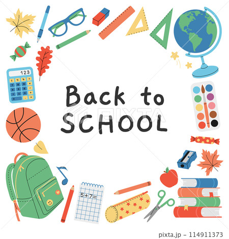 Frame with school supplies and back to school text. Border with globe, backpack, books, rulers, pen, pencil, notebook, scissors etc. Vector flat design 114911373
