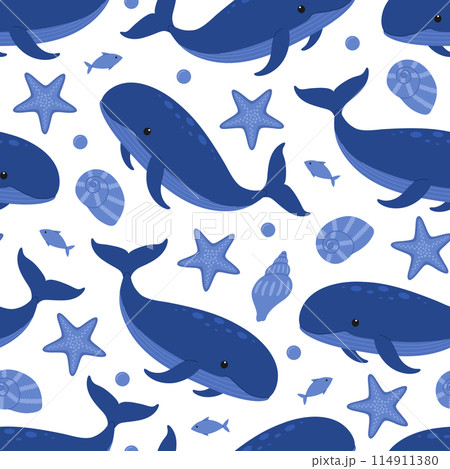 Seamless pattern with cute blue whales, starfish, shells, fish and bubbles. Vector flat illustration isolated on white background. Marine print with sea and ocean animals 114911380