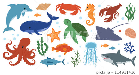 Set of sea and ocean animals. Cute dolphin, whale, crab, seahorse, starfish, lobster, turtle, stingray, octopus, shark, jellyfish and fish. Wild marine creatures. Underwater life. Vector illustration 114911410