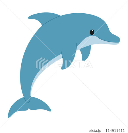 Cute blue dolphin jumping. Sea and ocean animal. Underwater life. Childish character. Vector flat illustration isolated on white background Cute blue dolphin jumping. Sea and ocean animal. Underwater life. Childish character. Vector flat illustration isolated on white background 114911411